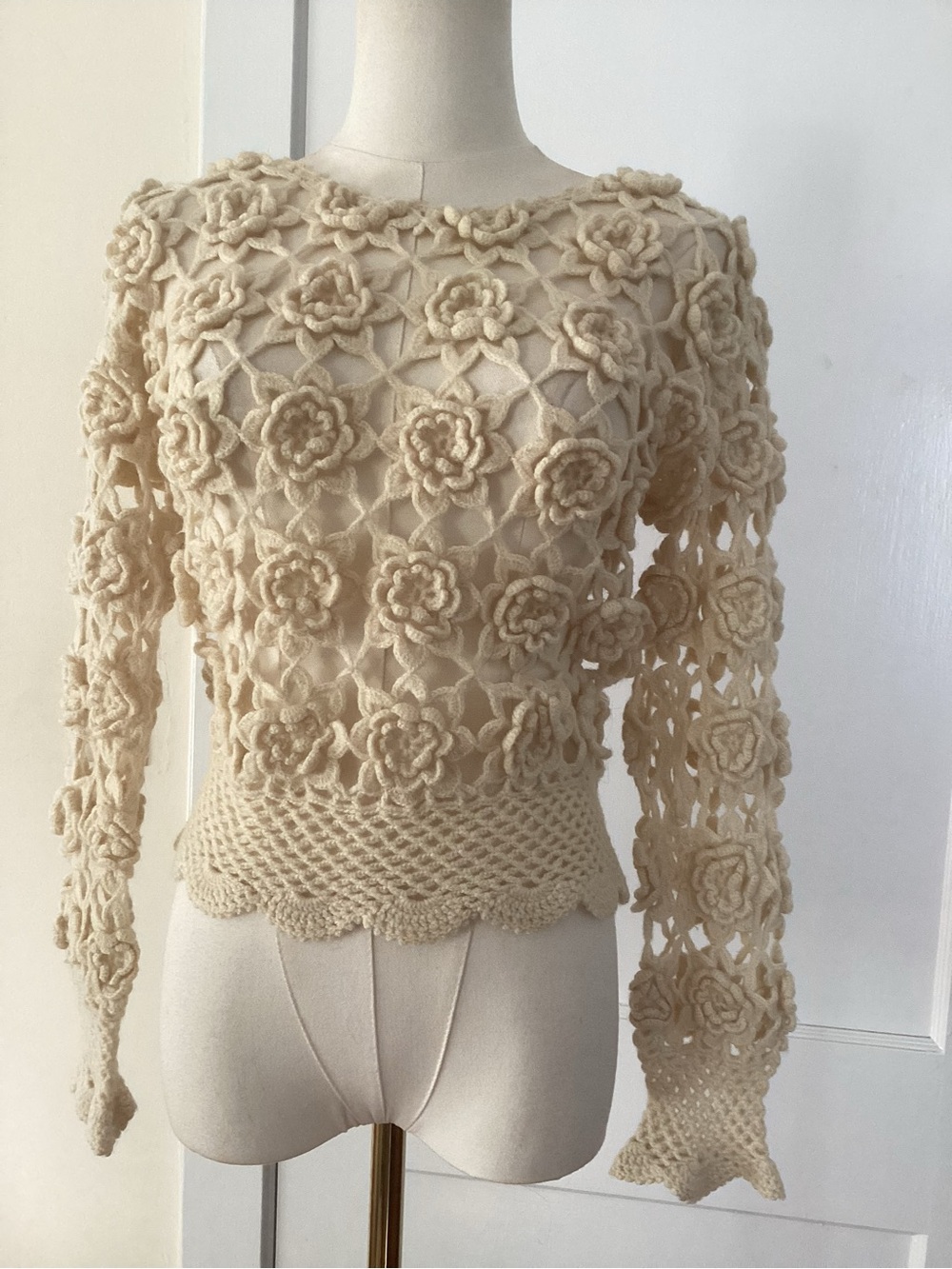Crochet Floral Long-Sleeve Crop Top - Cream